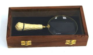 Vintage Style Large Magnifying Glass Brass Cream Handle Wood Display Box - Y06