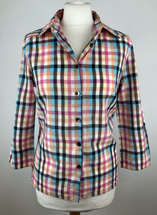 Vintage David Nieper Lightweight Cotton Check Shirt Blouse Top 3/4 Sleeves Uk 12