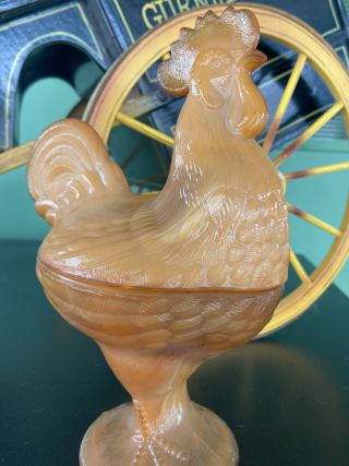 Vintage Caramel Brown Slag Glass Standing Rooster Covered Candy Dish