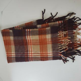 Vintage Faribo Faribault Brown Plaid Fringed Acrylic Blanket Throw 53x41