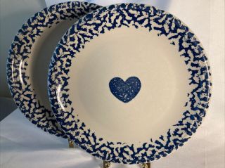 2 Vintage Folk Craft Dinner Plates Hearts Blue Sponge 10 1/4” By Tienshan