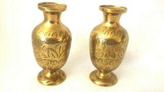 Vintage Brass Pair Small Brass Vases With Etched Design 9.  5cm Weight 23 Grams