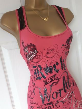 Vintage Jane Norman Hot Pink Black Lace Panel Embellished Vest Top Uk 12 14