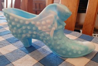 Vintage Fenton Hobnail Blue & White Slag Art Glass Slipper/shoe,  Cat Head Bow
