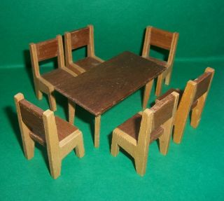 Vintage Dolls House Barton Wooden Table & Six Chairs 16th Lundby Scale