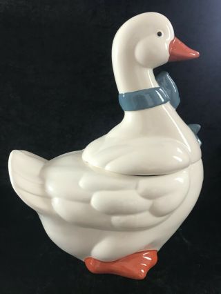 Vintage Art Studio Pottery White Ceramic Goose Cookie Jar Blue Bow 13 1/4 " Tall