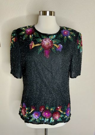 Laurence Kazar Vintage Women’s Black Floral Sequin Beaded Silk Shirt Top L Euc