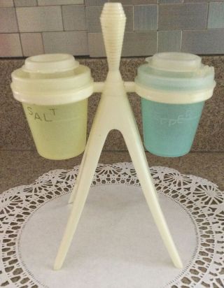 Vintage Tupperware Atomic Salt And Pepper Shakers With Stand