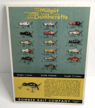 1952 Midget Bomberette Old Fishing Lure Chart On Wood Print Ad Bomber Bait Co