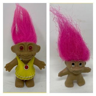 Vintage Pink Hair Trolls X 2 Bundle Dam 1989 Yellow Dress Dolls Pencil Topper