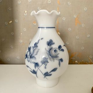 Vintage Hand Painted Milk Glass Hurricane Lamp Shade Blue Floral Design