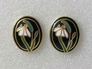 Vintage 1980s Art Deco Style Cloisonne Enamel Snowdrop Flower Stud Earrings