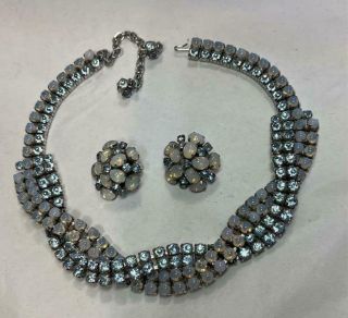 Vintage Marvella Ice Blue Rhinestone Moonstone Choker Necklace Clip Earrings Set