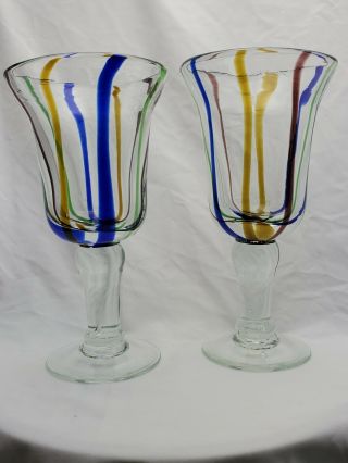 Set Of 2 Vintage Mexican Art Glass Hand Blown Goblets Striped.