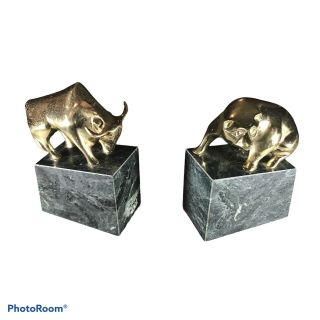 Vintage Gatco Bull And Bear Stock Market Wall Street Brass Marble Bookends