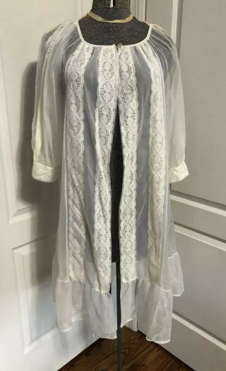 Vintage Sheer White Nylon Robe Bed Jacket Lace Womens S/m 50s 60s Lingerie