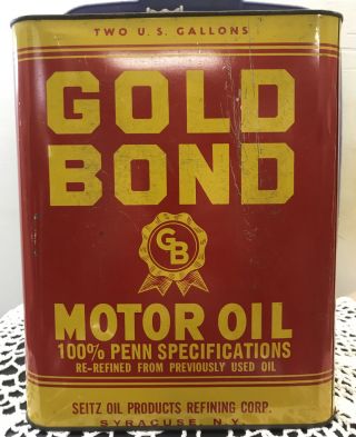 Vintage 2 Gal Motor Oil Can 100 Re - Refined Oil Advertising Gold Bond By Seitz