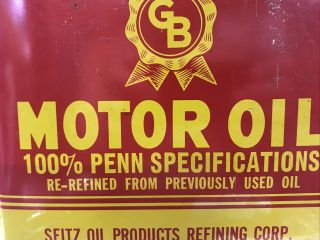 Vintage 2 gal MOTOR OIL can 100 re - refined oil advertising GOLD BOND By SEITZ 2