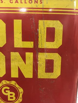 Vintage 2 gal MOTOR OIL can 100 re - refined oil advertising GOLD BOND By SEITZ 3
