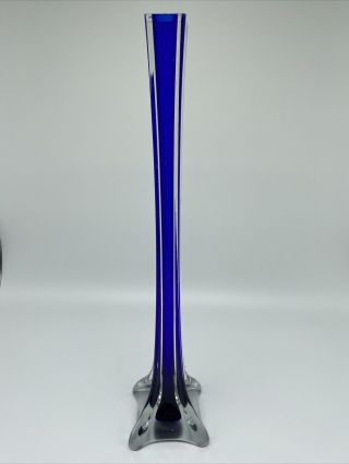 Vintage Hand Blown Art Glass Cobalt Blue And Clear Tall Vase 15.  5”
