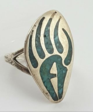 Vintage Pacific Jewelry Co Sterling Silver Turquoise Inlay Bear Claw Ring Size 8