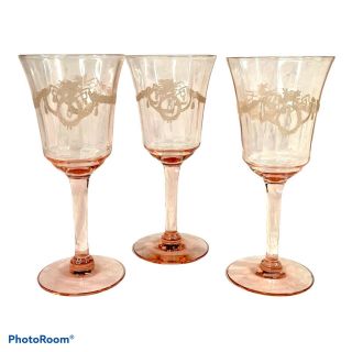 Set Of 3 Vintage Pink Depression Glass 5” Cordial Stemmed Glasses Etched Wreath