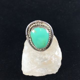Vintage Sterling Silver Old Pawn Ring Green Turquoise Cabochon Sz 7 Southwest