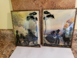 2 Vintage Beveled Glass Reverse Painted Silhouettes Victorian Children