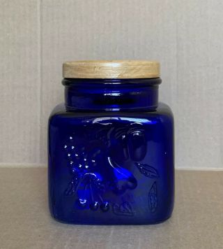 Vintage Cobalt Blue Glass Square Canister With Wooden Lidded 5 7/8” H