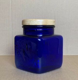 Vintage Cobalt Blue Glass Square Canister With Wooden Lidded 5 7/8” H 2