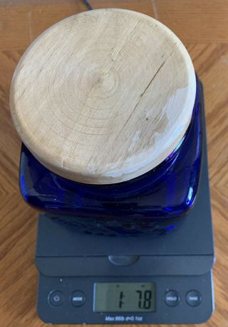 Vintage Cobalt Blue Glass Square Canister With Wooden Lidded 5 7/8” H 3