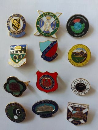 Vintage Metal And Enamel Green Bowls Pin Badges Bowling Association Club