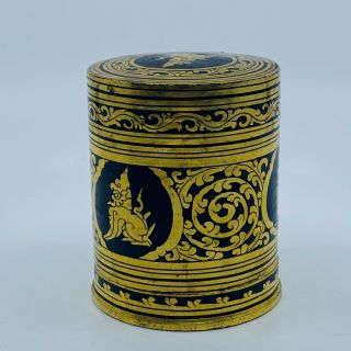 Chinese Vintage Black Lacquer Cylindrical Jewellery Box Pot Gold Gilt Foo Dog