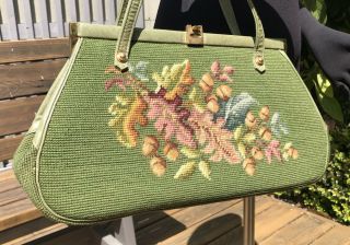 Cross Stitch Vintage Tapestry Purse Handbag Brass Hardware Green Leather 2 Strap