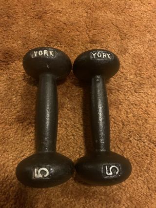 Vintage York 5 Lb Pound Round Bun Head Dumbbells 10 Lbs Total Barbell Weights