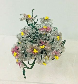 Vintage Hand Beaded Flower Bouquet Pink Clear Yellow