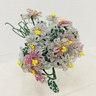 Vintage Hand Beaded Flower Bouquet Pink Clear Yellow 3