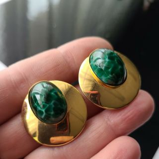 Vintage Gold Tone Green Peking Glass Earrings Clip On 1 " D