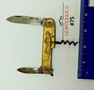Vintage Dutch Single Blade Corkscrew Pocket Knife Metal Handle