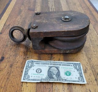 Antique Tools Cast Iron & Wood Pulley Primitive Vintage Block Tackle 9 " ☆usa
