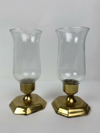 Vtg Candle Holder Brass Base Clear Glass Hurricane Shade 4.  25 " Diameter 9 " Tall