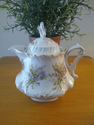 Antique Porcelain Teapot Made By C.  Tielsch & Co.  Germany Purple Floral Design