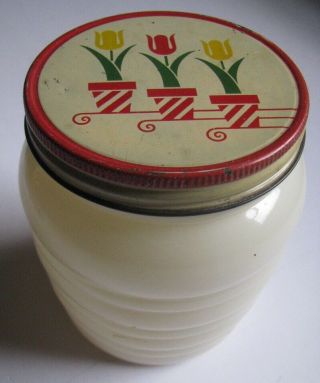 Vintage Fire King Anchor Hocking Tulips Grease Jar Milk White Glass