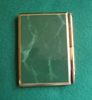 Vintage Stratton Green Marble / Gold Tone Handbag Notebook Cover And Pen
