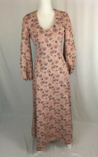 Vtg 60s 70s Handmade Pink Floral Polyester Tie Waist Maxi Dress Hippy Boho S/m