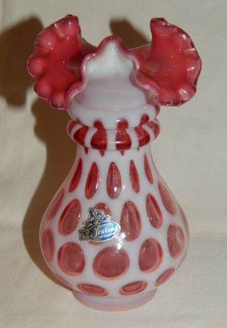 Vintage Fenton Glass Cranberry Coin Dot Vase Ruffled Rim 6 "
