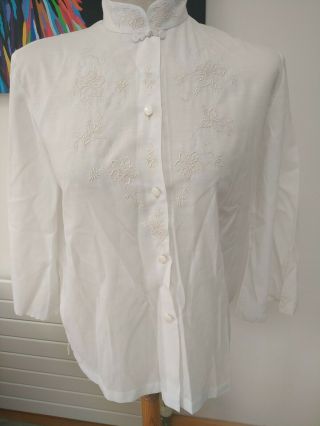 Vintage Chinese Oriental Style Top,  White Blouse Embroidered Size 36 Uk12