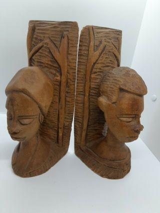 2 Vintage Hand Carved African Tribal Wooden Bookends 10 "