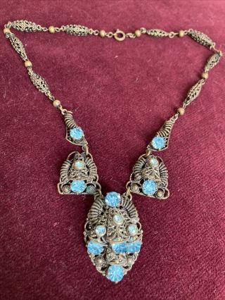 Vintage 1930s Czech Filigree Blue Rhinestone Glass Necklace.