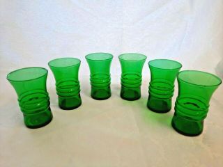 6 Vintage Forest Green Anchor Hocking 3 Ring Fancy Glass Tumblers,  9 Oz.